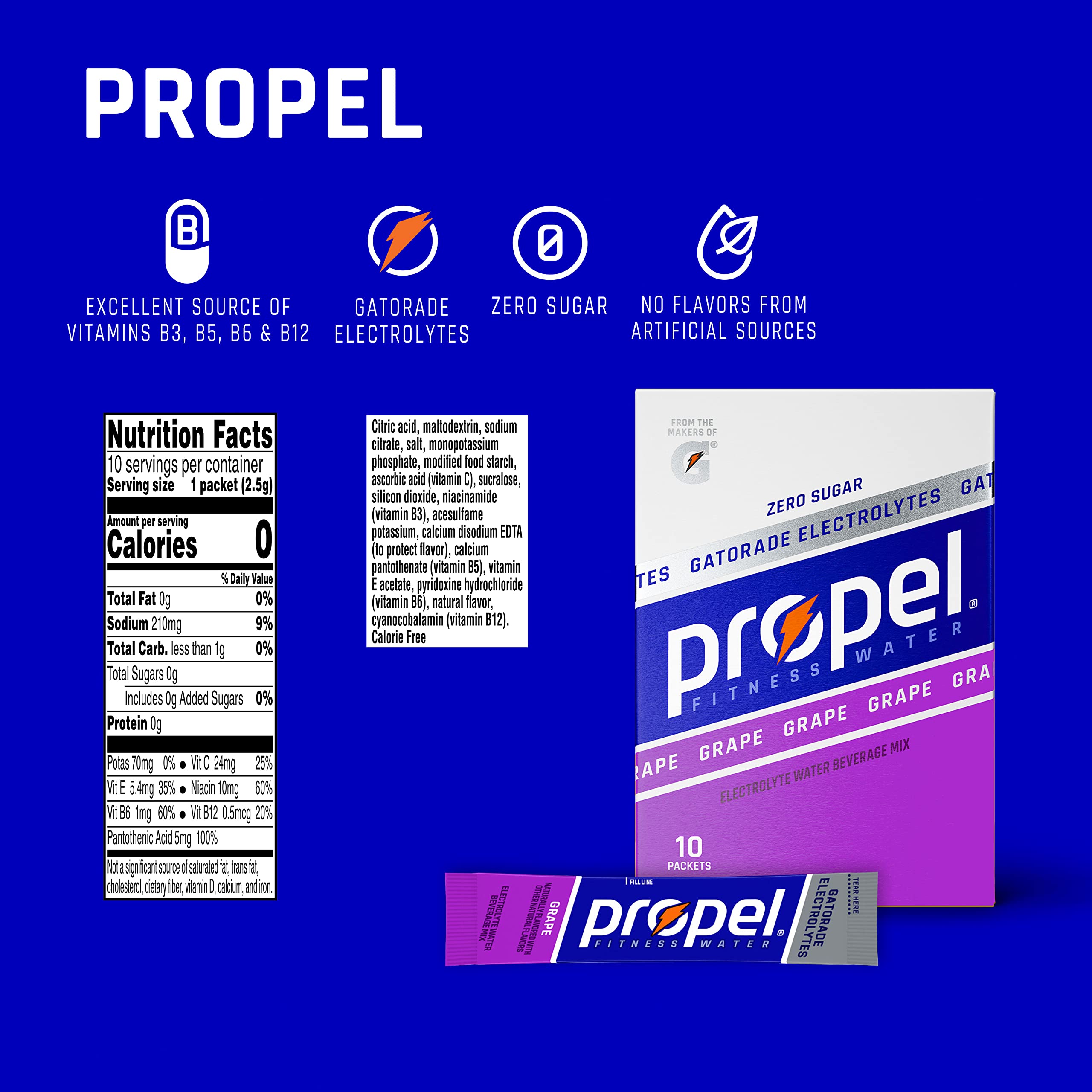 Propel Powder Packets Grape, With Electrolytes, Vitamins and No Sugar, 10 Count (Pack of 12) (Packaging May Vary)