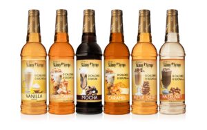 jordan's skinny syrups sugar free coffee syrup, vanilla, salted caramel, hazelnut, mocha, butter toffee, and caramel syrups, zero calorie flavoring, 25.4 fl oz (pack of 6), sampler variety pack