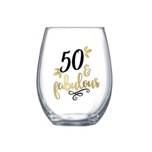 50 and fabulous gifts for women stemless wine glass 50th birthday gift for her 0043