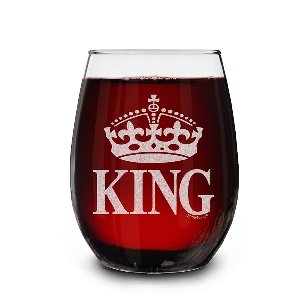 shop4ever Crown King Laser Engraved Stemless Wine Glass 15 oz. Anniversary Wedding Gift for Boyfriend Husband