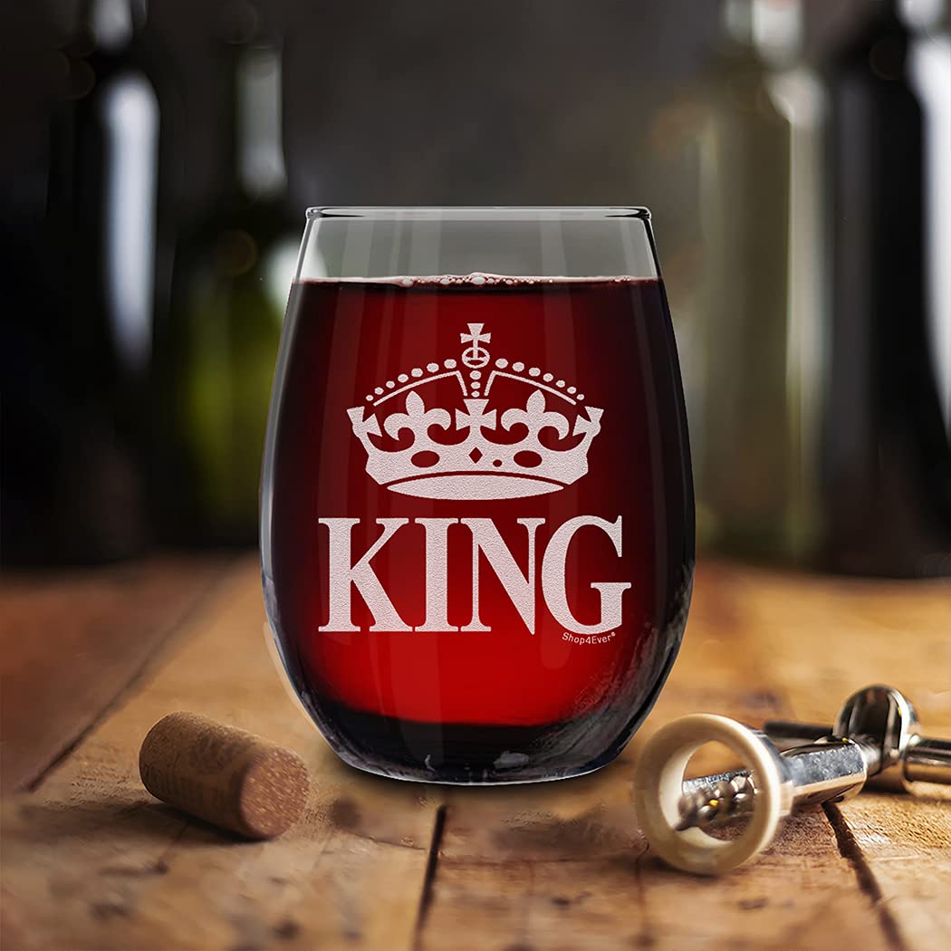 shop4ever Crown King Laser Engraved Stemless Wine Glass 15 oz. Anniversary Wedding Gift for Boyfriend Husband