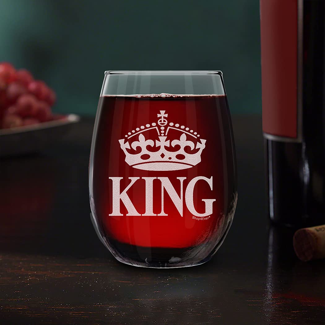 shop4ever Crown King Laser Engraved Stemless Wine Glass 15 oz. Anniversary Wedding Gift for Boyfriend Husband