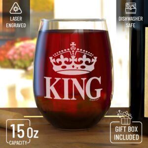 shop4ever Crown King Laser Engraved Stemless Wine Glass 15 oz. Anniversary Wedding Gift for Boyfriend Husband