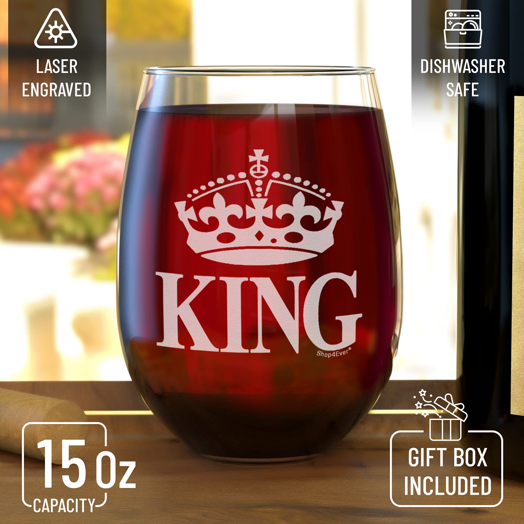 shop4ever Crown King Laser Engraved Stemless Wine Glass 15 oz. Anniversary Wedding Gift for Boyfriend Husband