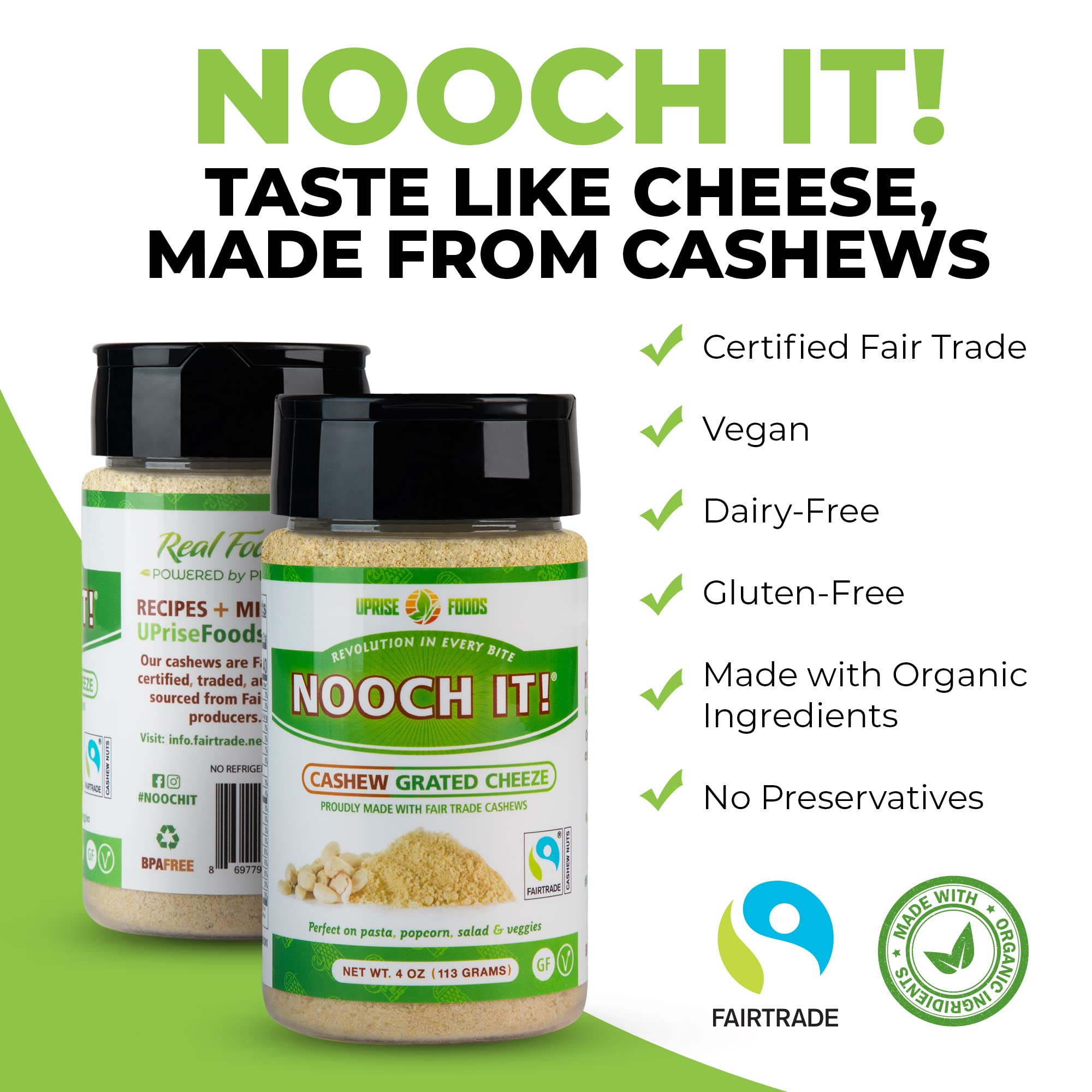 NOOCH IT! Fair Trade Dairy-Free Cashew Grated Cheeze | Vegan Parmesan ● Tasty Cheese Alternative | 4oz (Vegan "Parm", Gluten-Free)