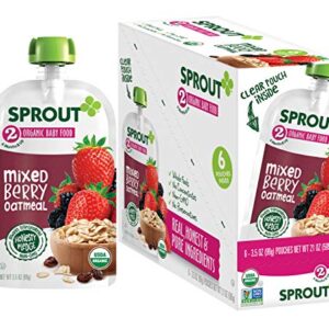 Sprout Organic Baby Food, Stage 2 Pouches, Fruit Veggie & Grain Blend, Mixed Berry Oatmeal, 3.5 Oz Purees (Pack of 6)