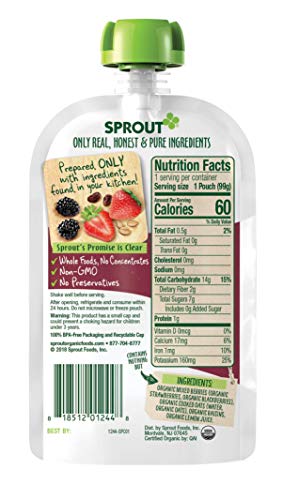 Sprout Organic Baby Food, Stage 2 Pouches, Fruit Veggie & Grain Blend, Mixed Berry Oatmeal, 3.5 Oz Purees (Pack of 6)