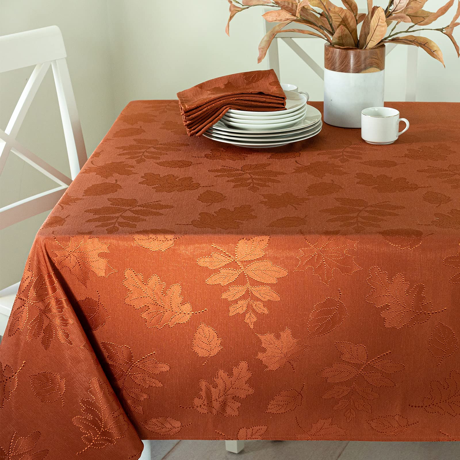 Benson Mills Harvest Legacy Damask Fabric Table Cloth Fall, Harvest, and Thanksgiving Tablecloth (Rust/Burnt Orange, 60" x 84" Rectangular)