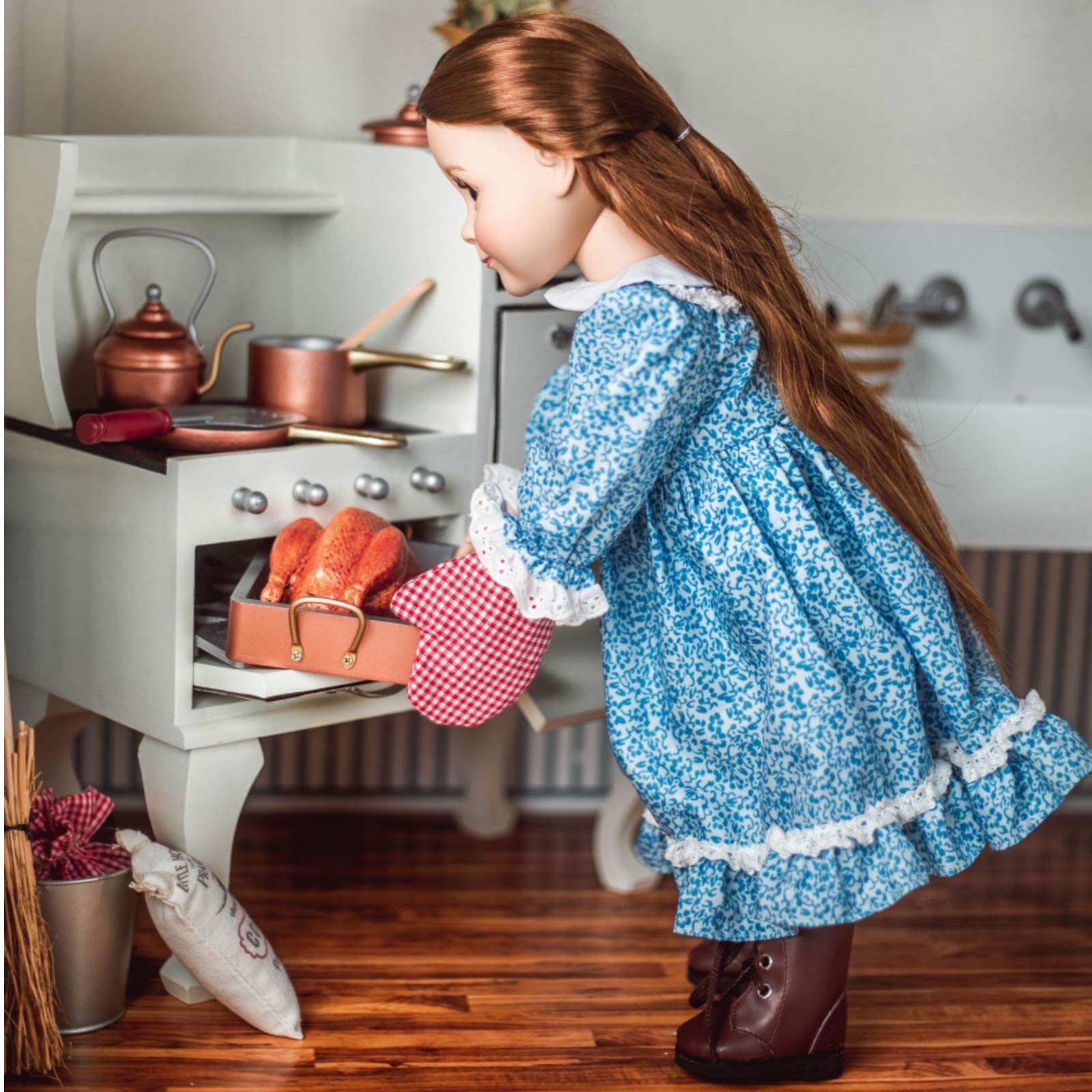 The Queen's Treasures 18 Inch Doll Baking Accessories, 7 Piece Copper Look Kitchen Pots, Pans, Tea Kettle, Plus Roast Chicken, Compatible with American Girl Dolls Kitchens & Furniture