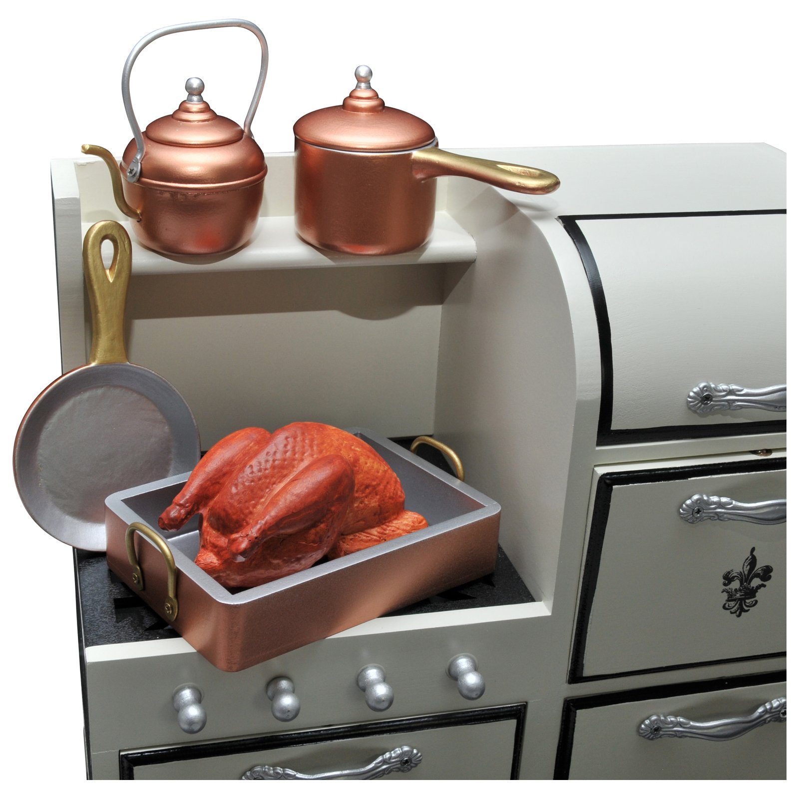 The Queen's Treasures 18 Inch Doll Baking Accessories, 7 Piece Copper Look Kitchen Pots, Pans, Tea Kettle, Plus Roast Chicken, Compatible with American Girl Dolls Kitchens & Furniture