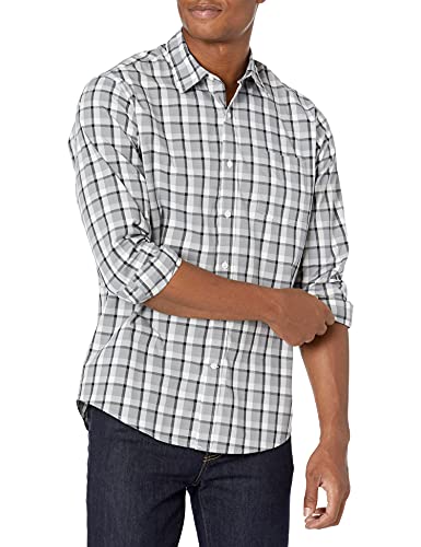 Amazon Essentials Men's Regular-Fit Long-Sleeve Casual Poplin Shirt, Grey Plaid, Large