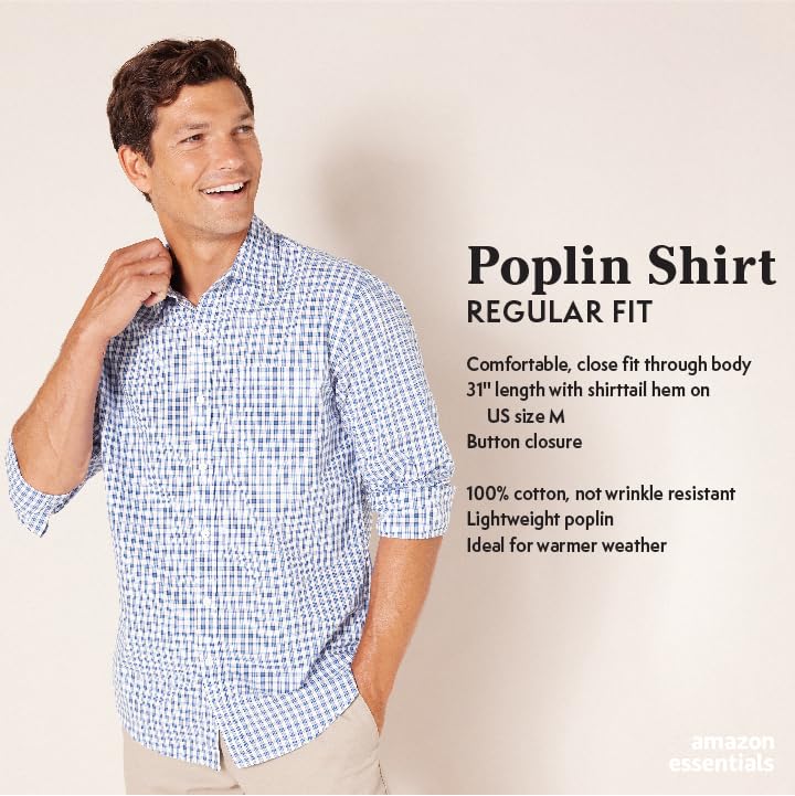 Amazon Essentials Men's Regular-Fit Long-Sleeve Casual Poplin Shirt, Grey Plaid, Large