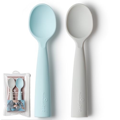 Miniware Silicone Baby Spoon for Training - BPA Free Baby Utensils - Baby Spoons Self Feeding 6 Months | 100% Food Grade Silicone - Modern & Dishwasher Safe Toddler Spoons (Grey and Aqua)