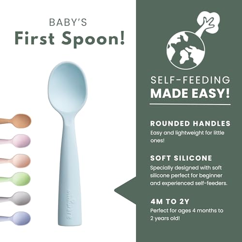 Miniware Silicone Baby Spoon for Training - BPA Free Baby Utensils - Baby Spoons Self Feeding 6 Months | 100% Food Grade Silicone - Modern & Dishwasher Safe Toddler Spoons (Grey and Aqua)