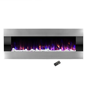 electric fireplace - 54 inch wall mounted fireplace heater with remote control adjustable led flame color, timer, and heat by northwest (silver)