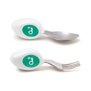 doddl toddler utensils, ergonomic fork and spoon set for self feeding, stainless steel silverware for 1-3 year olds, bpa free, dishwasher safe (aqua)