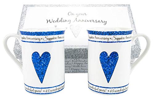 Beautifully Designed 45th Sapphire Wedding Anniversary Set of Ceramic Mugs with Hearts | Dishwasher and Microwave Safe with Decorative Keepsake Box