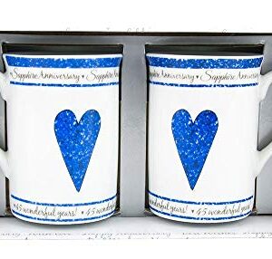 Beautifully Designed 45th Sapphire Wedding Anniversary Set of Ceramic Mugs with Hearts | Dishwasher and Microwave Safe with Decorative Keepsake Box