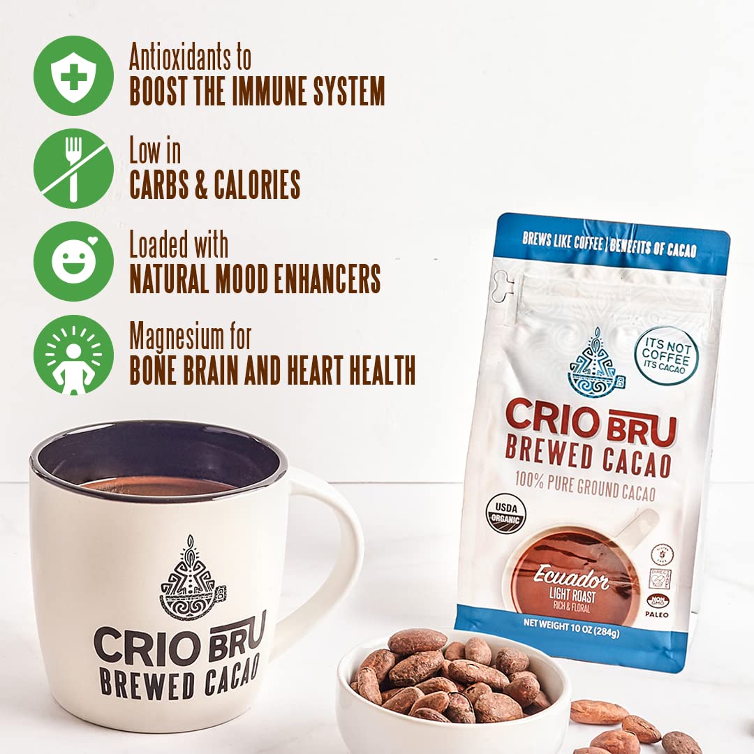 Crio Bru Ecuador French Roast 10oz Bag | Organic Healthy Brewed Cacao Drink | Great Substitute to Herbal Tea and Coffee | 99% Caffeine Free Gluten Free Low Calorie Honest Energy