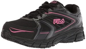 fila women's memory reckoning 8 slip resistant steel toe running shoe sr st, black/black/kopk, 8