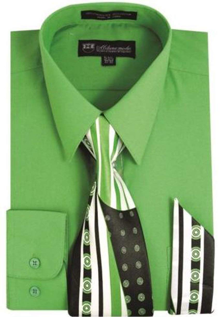 Milano Moda Men's Long Sleeve Dress Shirt With Matching Tie And Handkerchief SG21A, Applegreen, 17"-17.5" Neck 34"-35" Sleeve