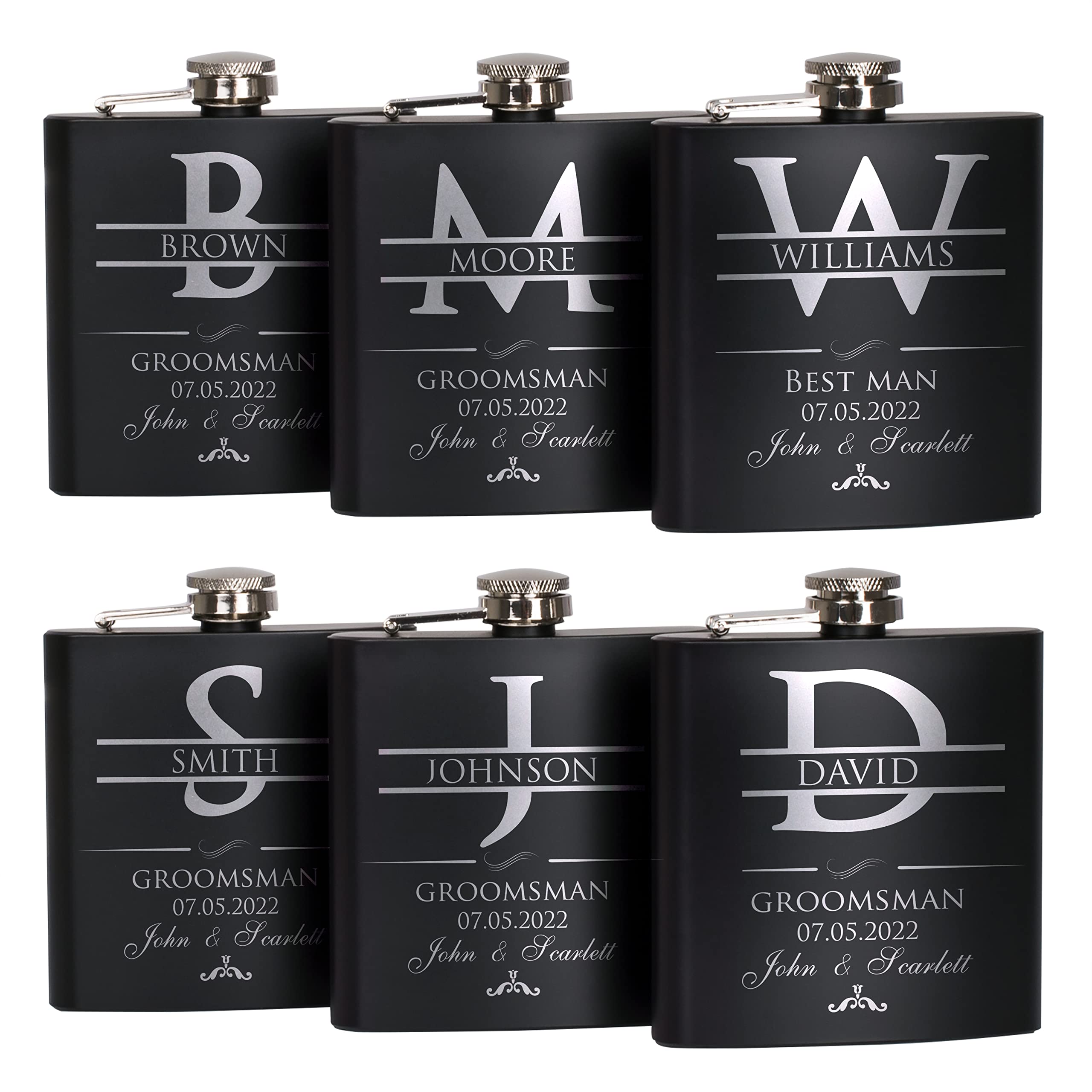 Groomsmen Gifts Set of 6, Personalized Groomsmen Flask Set w Optional Gift Box - Wedding Favor, Engraved 6oz Stainless Steel Flask, Custom Flask Gift Set, Black #2