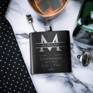 Groomsmen Gifts Set of 6, Personalized Groomsmen Flask Set w Optional Gift Box - Wedding Favor, Engraved 6oz Stainless Steel Flask, Custom Flask Gift Set, Black #2