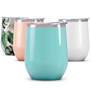 maars bev stainless steel stemless wine glass tumbler with lid, vacuum insulated 12 oz cup | spill proof, travel friendly, fun cocktail drinkware - mint
