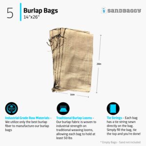 Sandbaggy Burlap Sand Bag - Size: 14" x 26" - Sandbags 50lb Weight Capacity - for Flooding, Flood Water Barrier, Tent Sandbags, Store Bags - Sand Not Included (5 Bags)