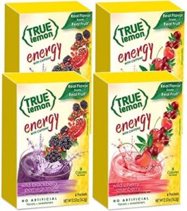 true lemon (energy drinks) wild cherry cranberry & wild blackberry pomegranate 2 boxes each flavor (4 boxes total), 24ct instant powdered drink mix packets total, by true citrus, 2.7 gram (pack of 24)