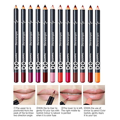 DC-BEAUTIFUL 12Pcs Lot Set 12 Colors Lip Liner Pencil Waterproof Non-marking Matt Velvet Lipstick Pen, Professional Long Lasting Lipliner Set with Sharpener