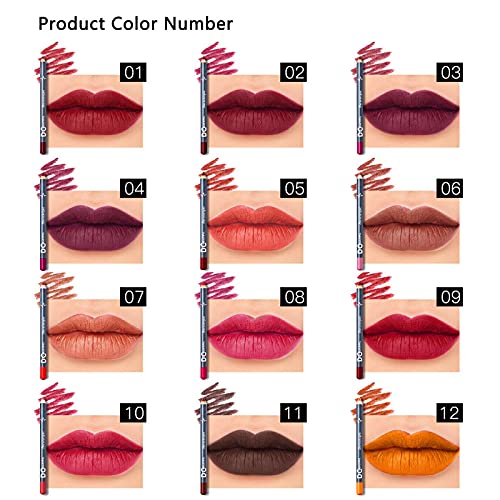 DC-BEAUTIFUL 12Pcs Lot Set 12 Colors Lip Liner Pencil Waterproof Non-marking Matt Velvet Lipstick Pen, Professional Long Lasting Lipliner Set with Sharpener