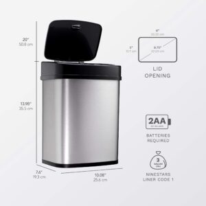 NINESTARS DZT-12-5 Bedroom or Bathroom Automatic Touchless Infrared Motion Sensor Trash Can, 3 Gal 12L, Stainless Steel Base (Rectangular, Black Lid)