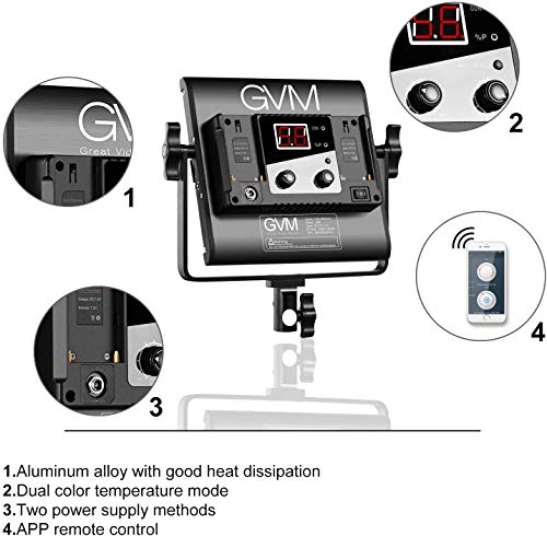 GVM Led Bi-Color Video Lights with APP Function, Variable CCT 2300K-6800K and 10%-100% Brightness with Digital Display for Video Studio Shooting, CRI97+ TLCI97 Led Light Panel +Barndoor