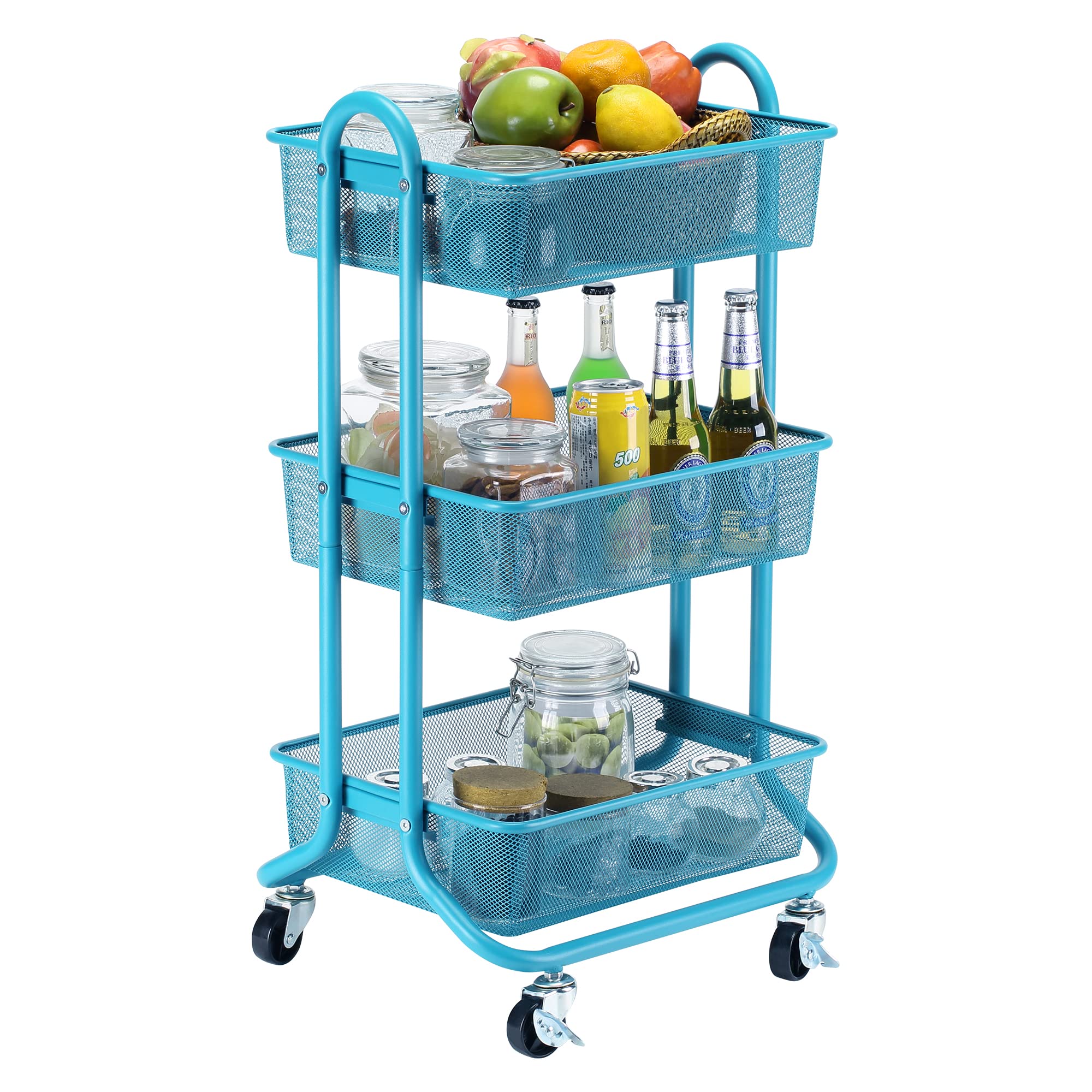 DESIGNA Metal Utility Cart, 3 Tier Mesh Rolling Storage Cart with Handle and Lockable Wheels,Easy Assembly Craft Carts for Kitchen,Bathroom,Office,Turquoise