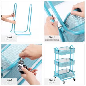 DESIGNA Metal Utility Cart, 3 Tier Mesh Rolling Storage Cart with Handle and Lockable Wheels,Easy Assembly Craft Carts for Kitchen,Bathroom,Office,Turquoise