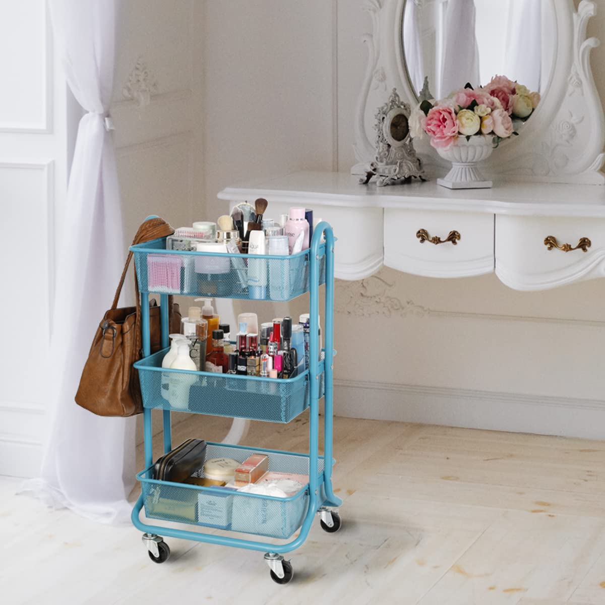 DESIGNA Metal Utility Cart, 3 Tier Mesh Rolling Storage Cart with Handle and Lockable Wheels,Easy Assembly Craft Carts for Kitchen,Bathroom,Office,Turquoise