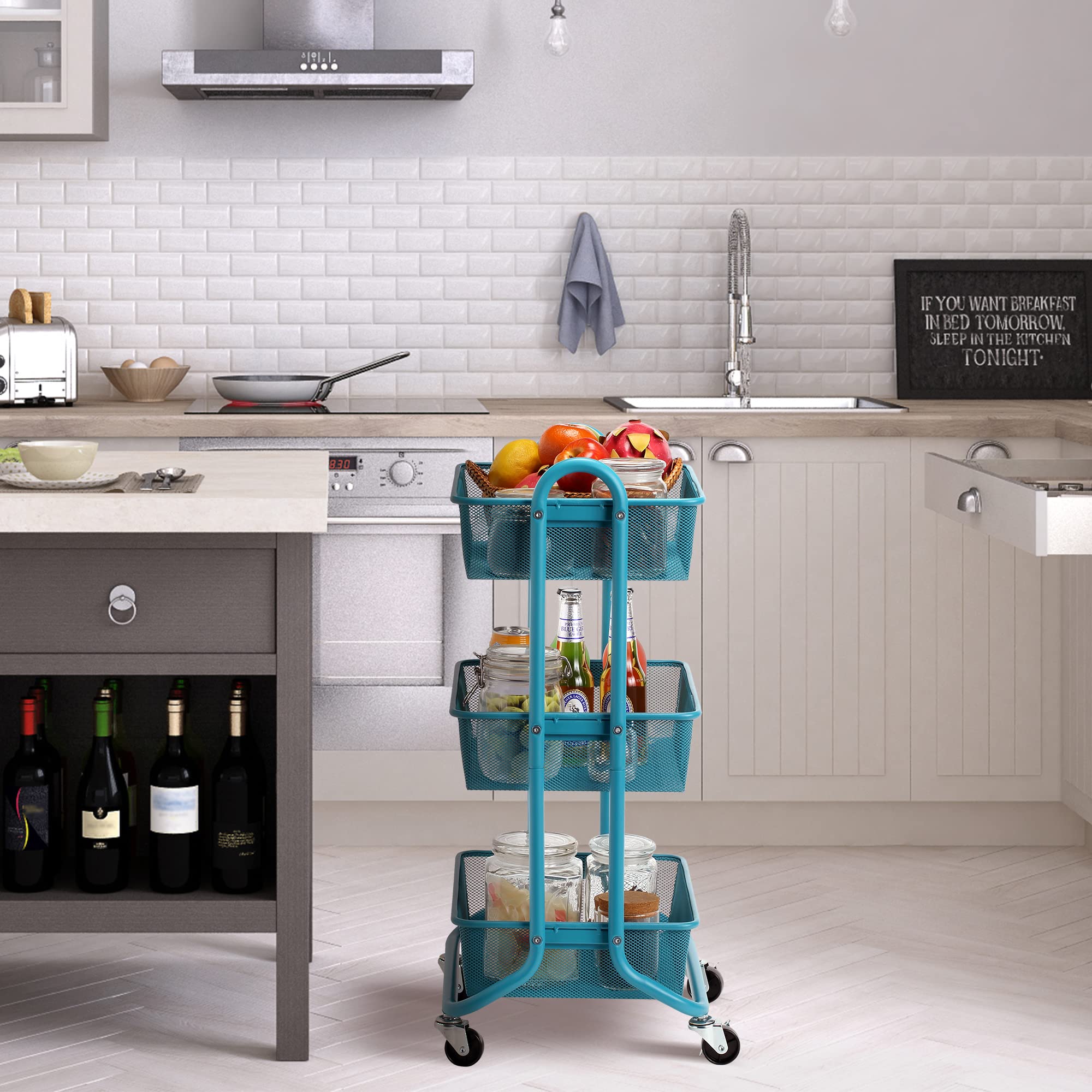 DESIGNA Metal Utility Cart, 3 Tier Mesh Rolling Storage Cart with Handle and Lockable Wheels,Easy Assembly Craft Carts for Kitchen,Bathroom,Office,Turquoise