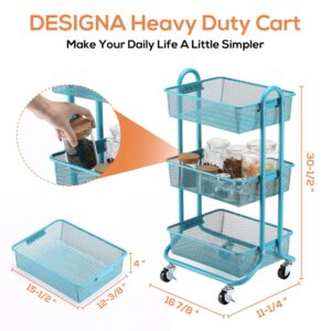DESIGNA Metal Utility Cart, 3 Tier Mesh Rolling Storage Cart with Handle and Lockable Wheels,Easy Assembly Craft Carts for Kitchen,Bathroom,Office,Turquoise