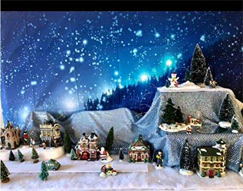 Leowefowa 5X3FT Christmas Backdrop Rustic Village Night View Forest Trees Snowing Shining Lights Blue Sky Winter Xmas Vinyl Photography Background Kids Children Newborn Photo Studio Props