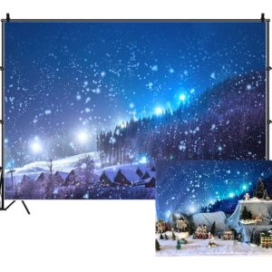 Leowefowa 7X5FT Christmas Backdrop Rustic Village Night View Forest Trees Snowing Shining Lights Blue Sky Winter Xmas Vinyl Photography Background Kids Children Adults Photo Studio Props