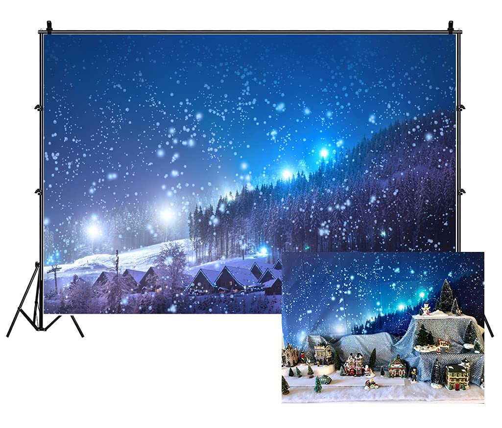 Leowefowa 7X5FT Christmas Backdrop Rustic Village Night View Forest Trees Snowing Shining Lights Blue Sky Winter Xmas Vinyl Photography Background Kids Children Adults Photo Studio Props