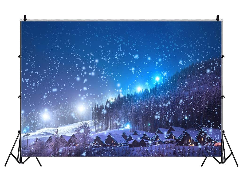 Leowefowa 7X5FT Christmas Backdrop Rustic Village Night View Forest Trees Snowing Shining Lights Blue Sky Winter Xmas Vinyl Photography Background Kids Children Adults Photo Studio Props