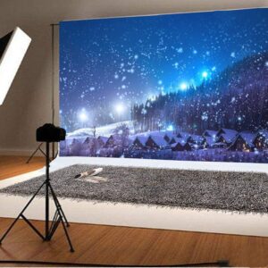 Leowefowa 7X5FT Christmas Backdrop Rustic Village Night View Forest Trees Snowing Shining Lights Blue Sky Winter Xmas Vinyl Photography Background Kids Children Adults Photo Studio Props