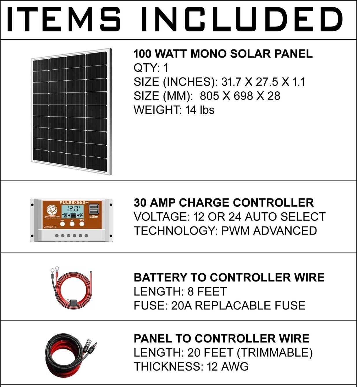 LightCatcher-Solar 100 Watt Solar Panel Kit, Polycrystalline Solar Panel and PWM Charge Controller