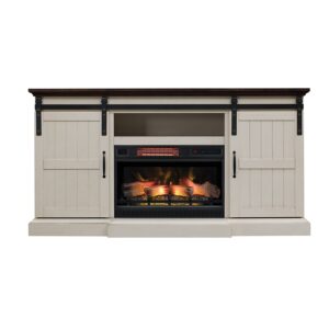 classicflame hogan 66" farmhouse fireplace tv stand & 26" electric infrared firebox with log set - weathered white, 26mm90273-w476 & 26ii042fgl