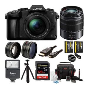 panasonic lumix g85 4k mirrorless camera with g vario 12-60mm and 45-150mm lens, 128gb sd card, camera bag, battery and dual charger, 58mm lens set, digital flash, tripod and cable bundle (9 items)