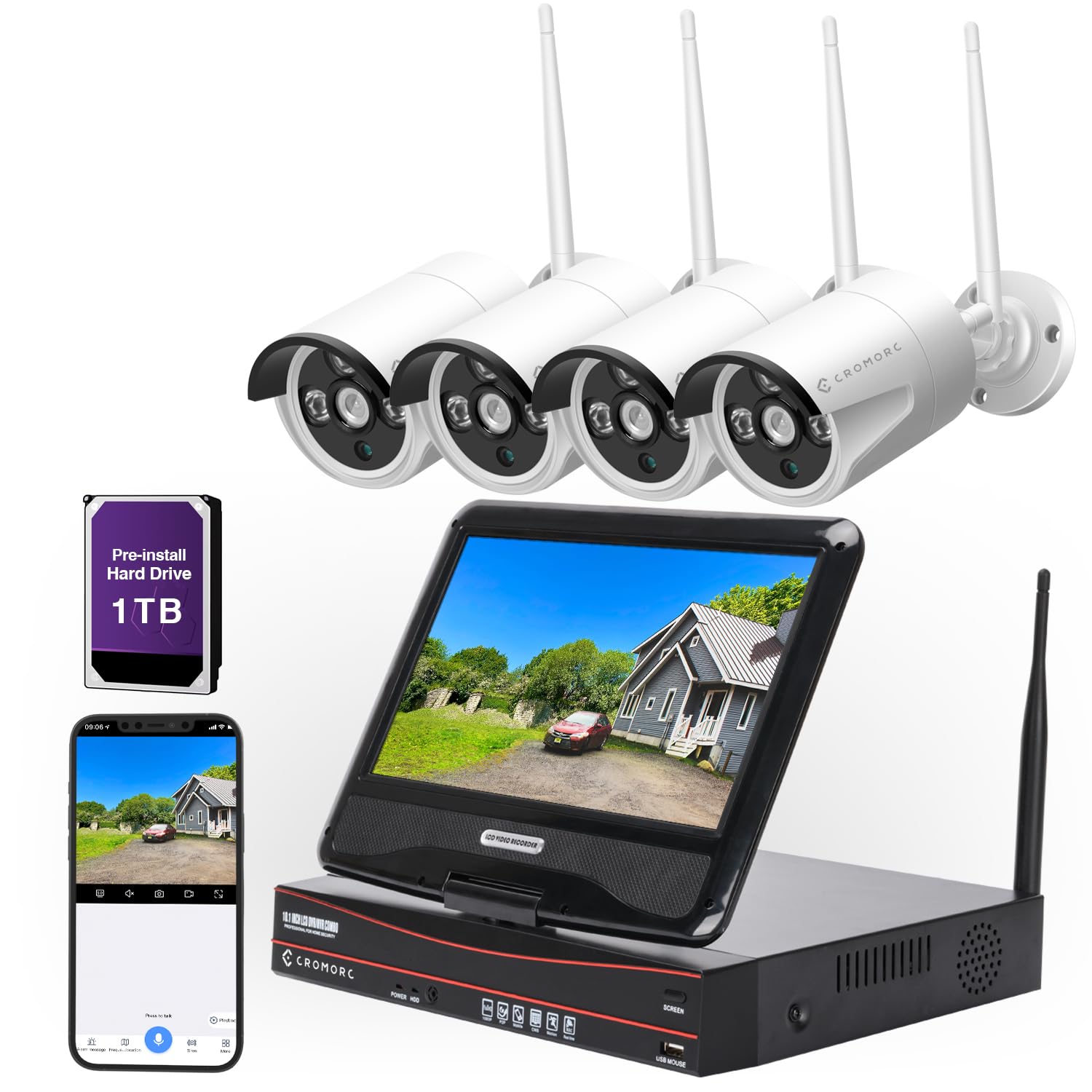 10CH Expandable Wireless Security Camera System with 10.1" Monitor 4pcs 3MP Indoor Outdoor Camera 1-Way Audio Night Vision Motion Detection Home Business CCTV Surveillance 1TB HDD