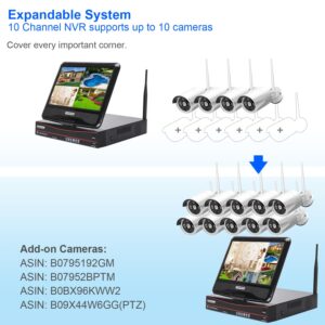 10CH Expandable Wireless Security Camera System with 10.1" Monitor 4pcs 3MP Indoor Outdoor Camera 1-Way Audio Night Vision Motion Detection Home Business CCTV Surveillance 1TB HDD