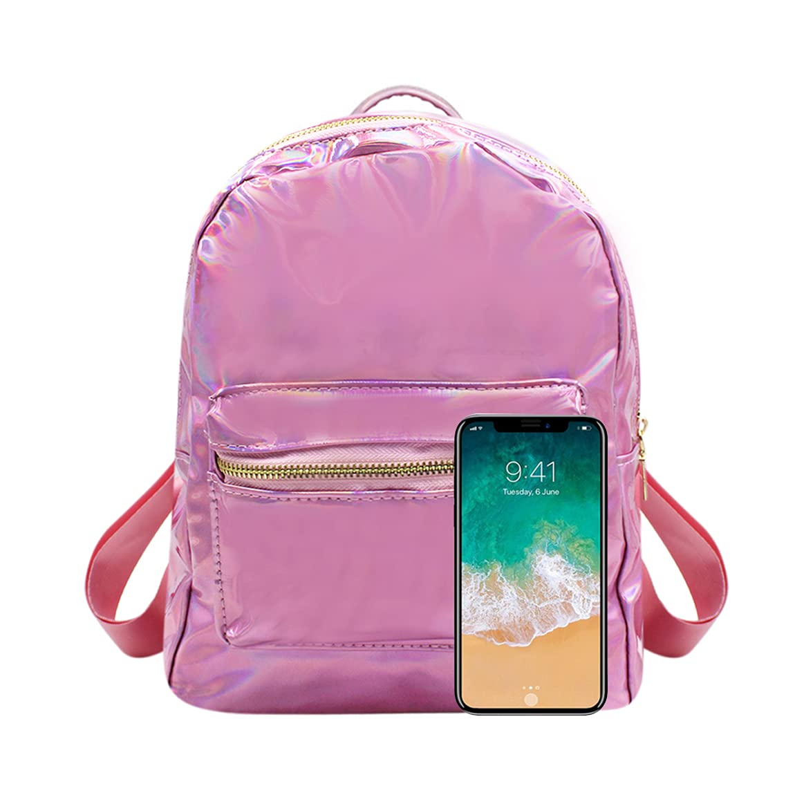 MOSSTYUS Small Holographic Rainbow Shoulder Bag Metallic Satchel Shiny Travel Daypack for Women Lady